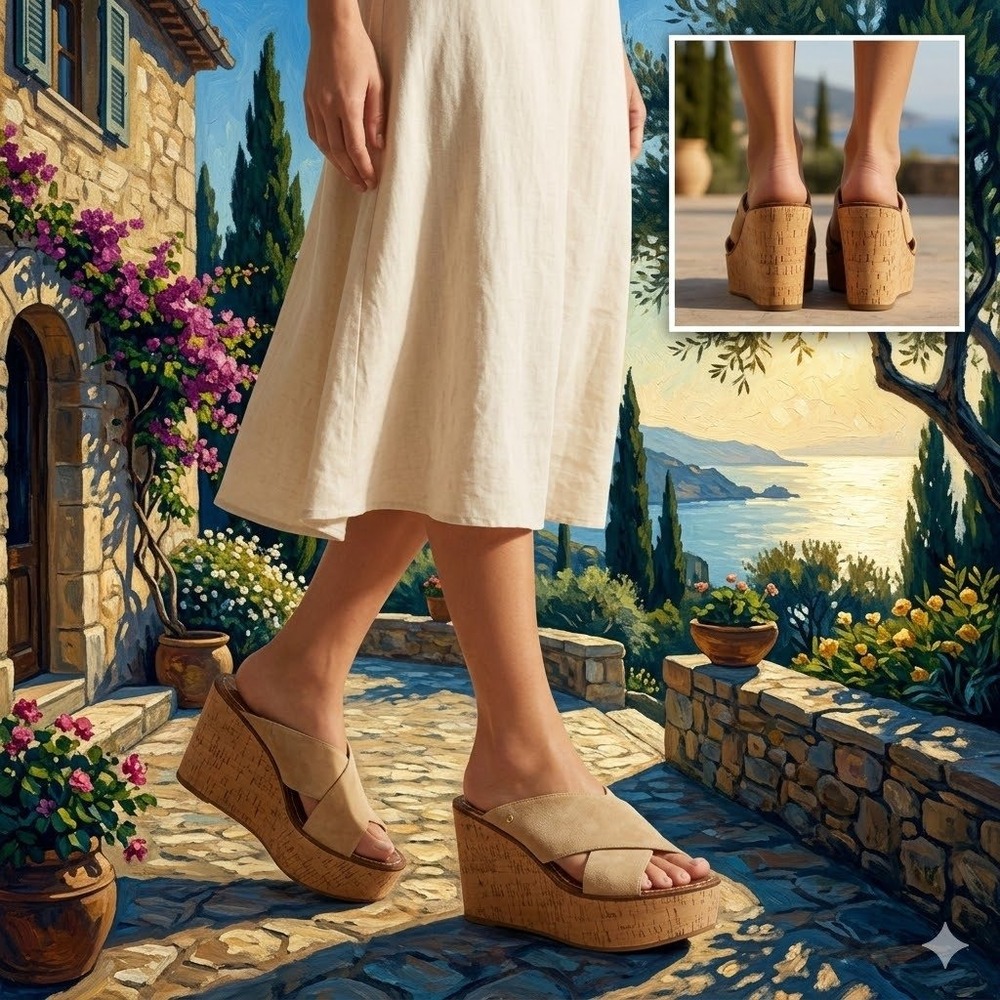 Sam Edelman Darlene Suede Cork Platform Wedge Sandals Beige Tan Womens 7.5M 37.5